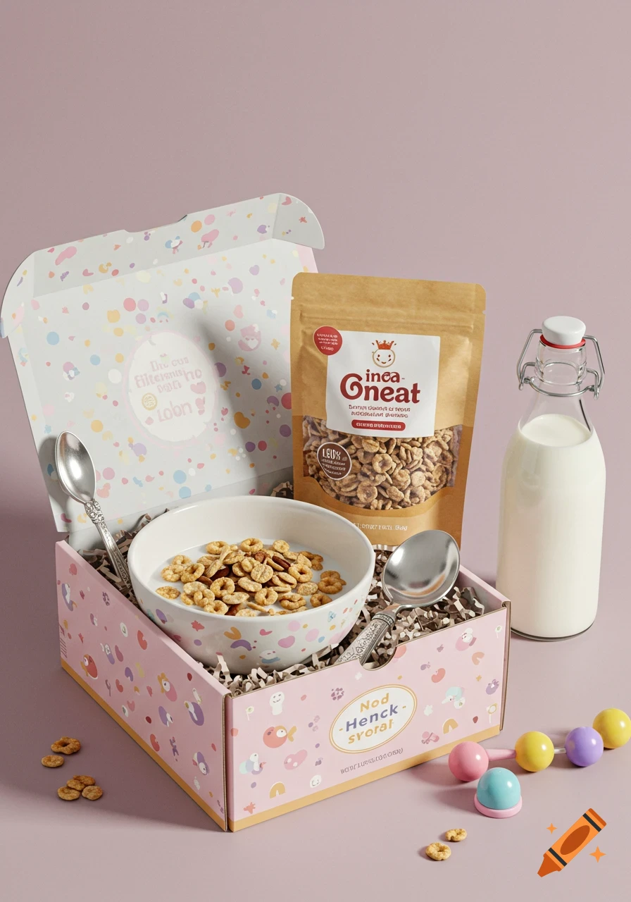 An open pink subscription box containing a bowl of cereal with milk, two spoons, a bag of cereal, a bottle of milk, and colorful baby rattles.