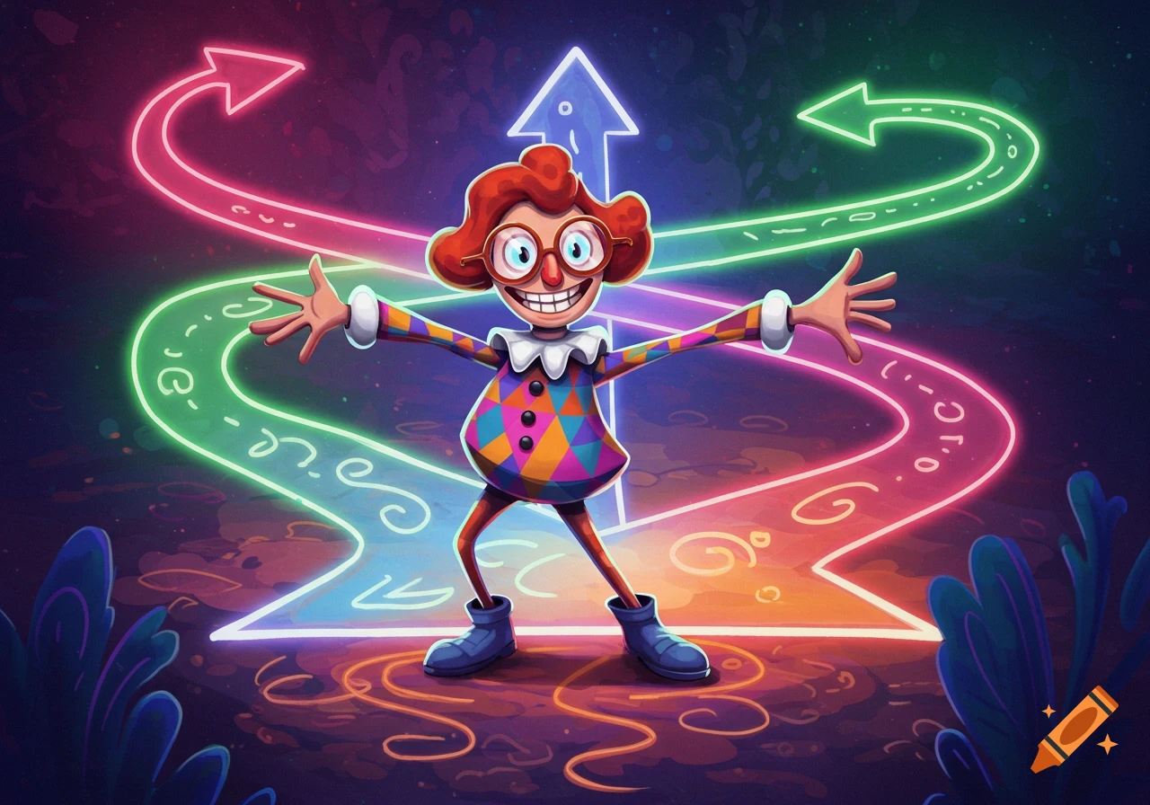 A vibrant cartoon character with red hair and a colorful harlequin outfit stands with arms outstretched amidst glowing neon arrows on a dark, mystical background.