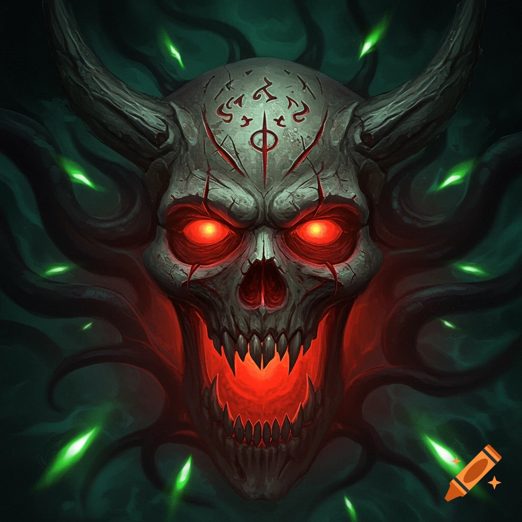 A scary evil demon skull with glowing red eyes, sharp teeth, and horns, on a dark, misty background with green glowing elements. Dark fantasy art.