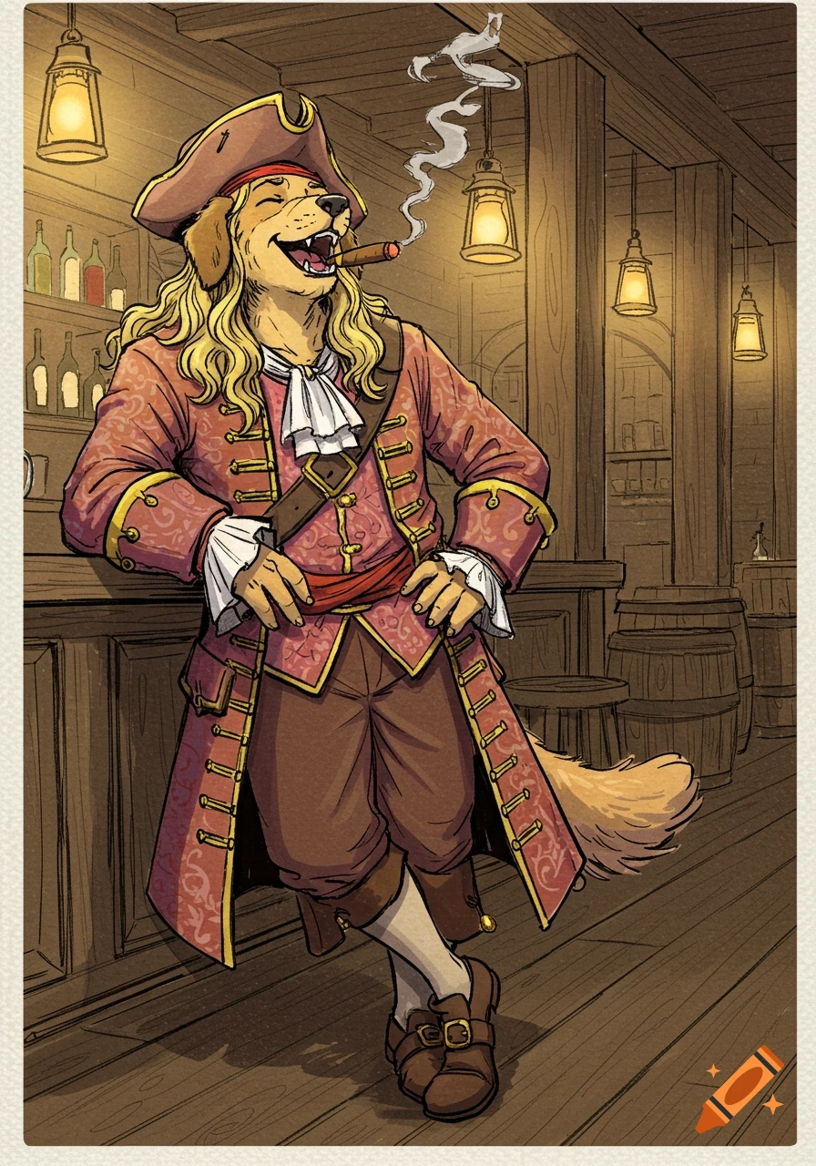 An anthropomorphic golden retriever pirate, laughing and smoking a cigar, leans on a bar in a sketchy illustration.