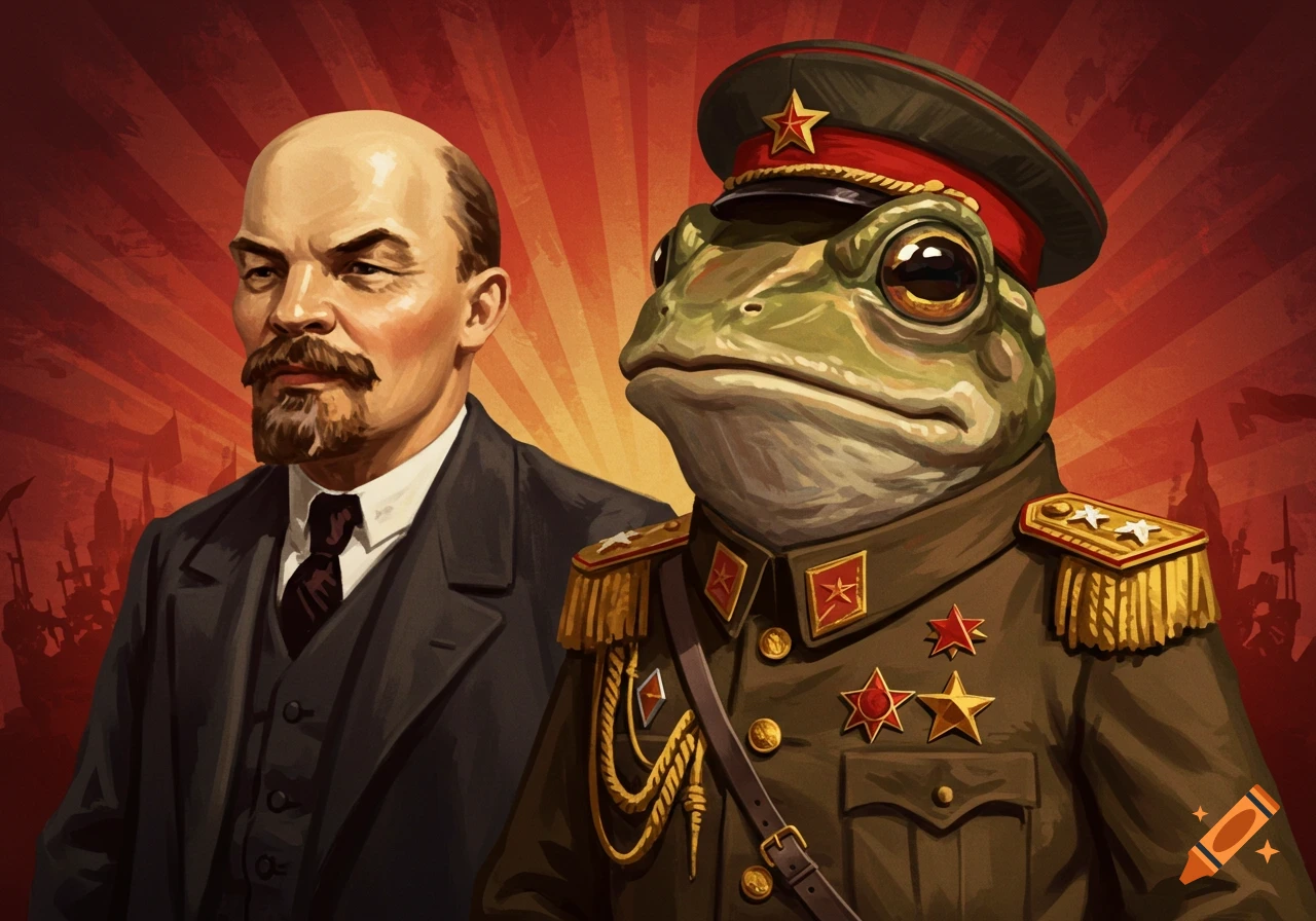 Vladimir Lenin stands next to a frog in a Soviet military uniform and hat, against a red sunburst background in a propaganda art style.