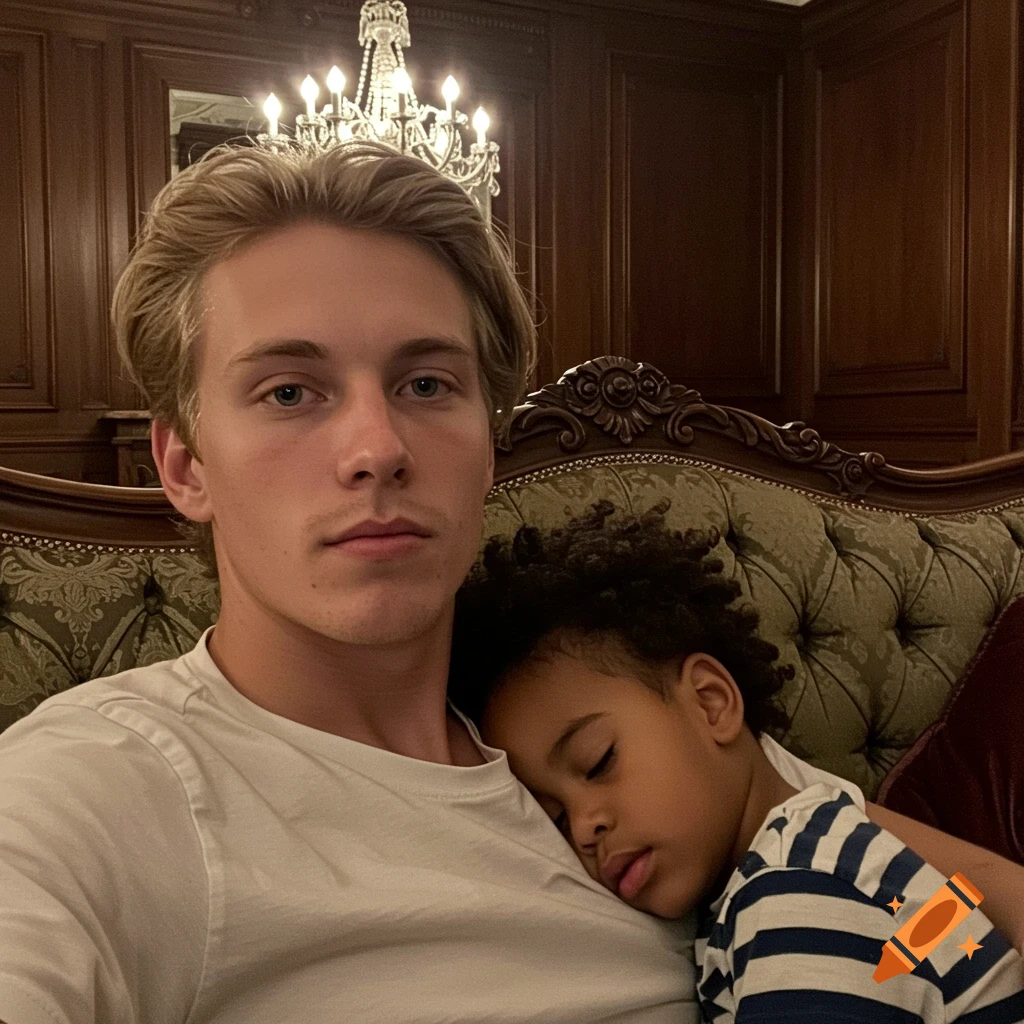 A blond man in a white t-shirt holds a young child with afro hair sleeping on his chest on a couch.