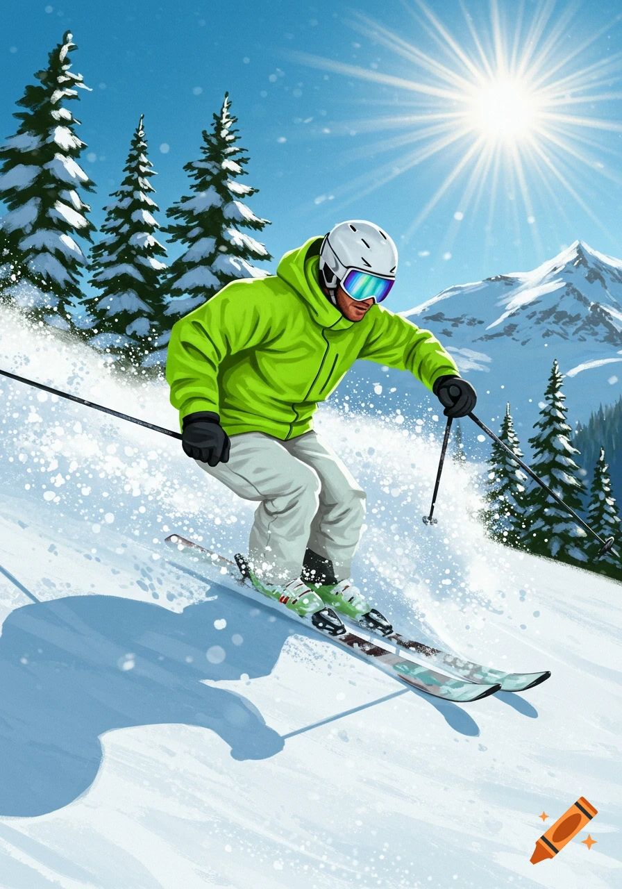 Stylized illustration of a man in a neon green jacket and white helmet skiing down a snowy mountain slope under a bright sun.