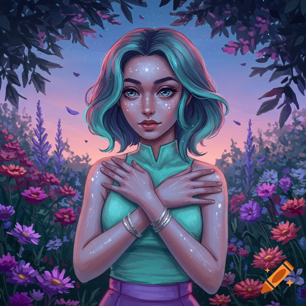 Stylized portrait of a woman with turquoise hair, glowing skin, surrounded by vibrant flowers under a sunset sky, digital art.
