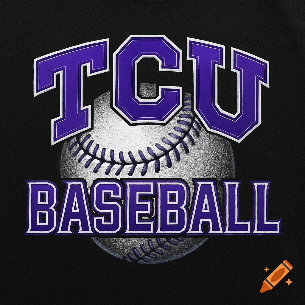 Purple and white 'TCU BASEBALL' text over a silver baseball on a black background.