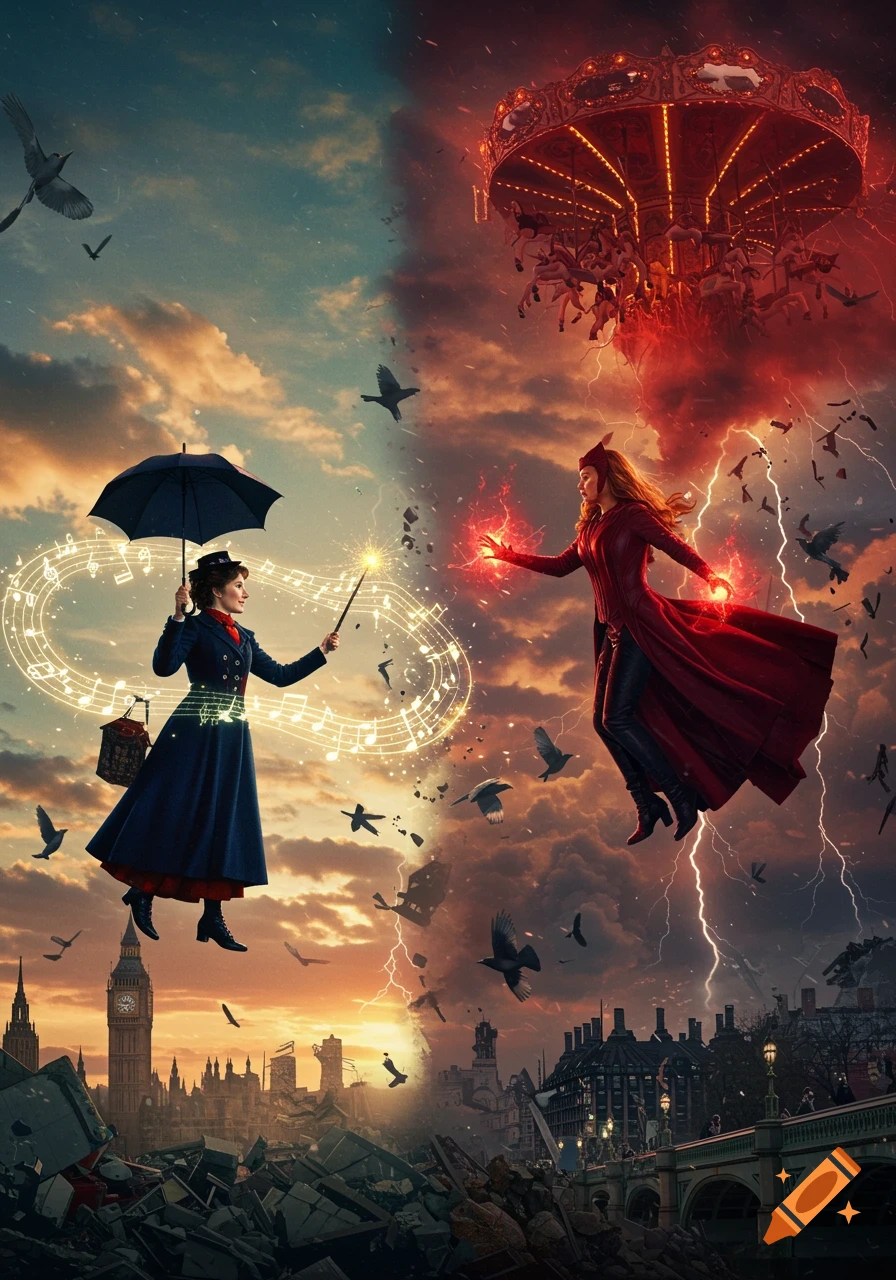 Mary Poppins and Scarlet Witch levitate in a cinematic fantasy battle over a destroyed London at twilight, with magic and a split sky.