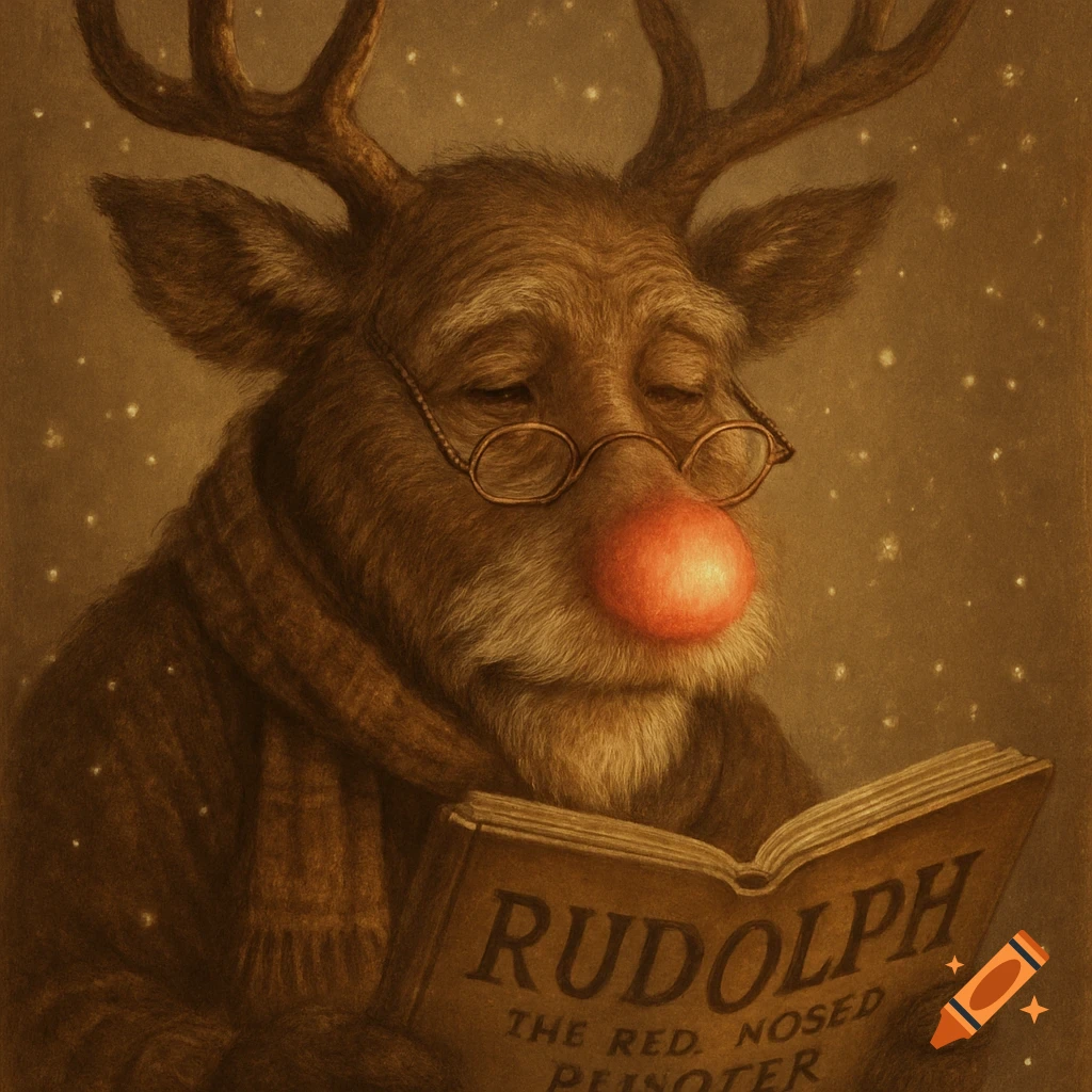 An old grandpa Rudolph, wearing glasses and a red nose, reads a book in a vintage, painterly illustration style.