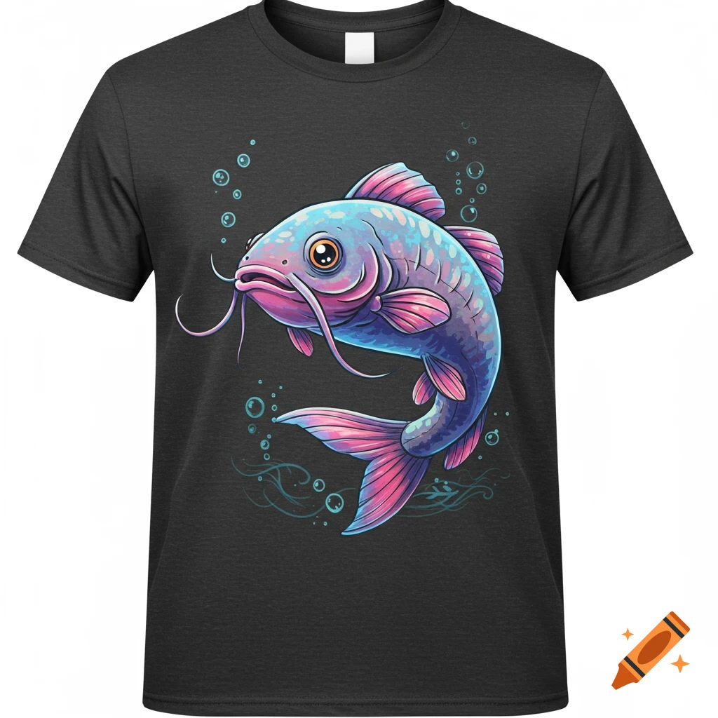 Stylized blue and pink catfish with long whiskers and bubbles on a dark grey t-shirt.