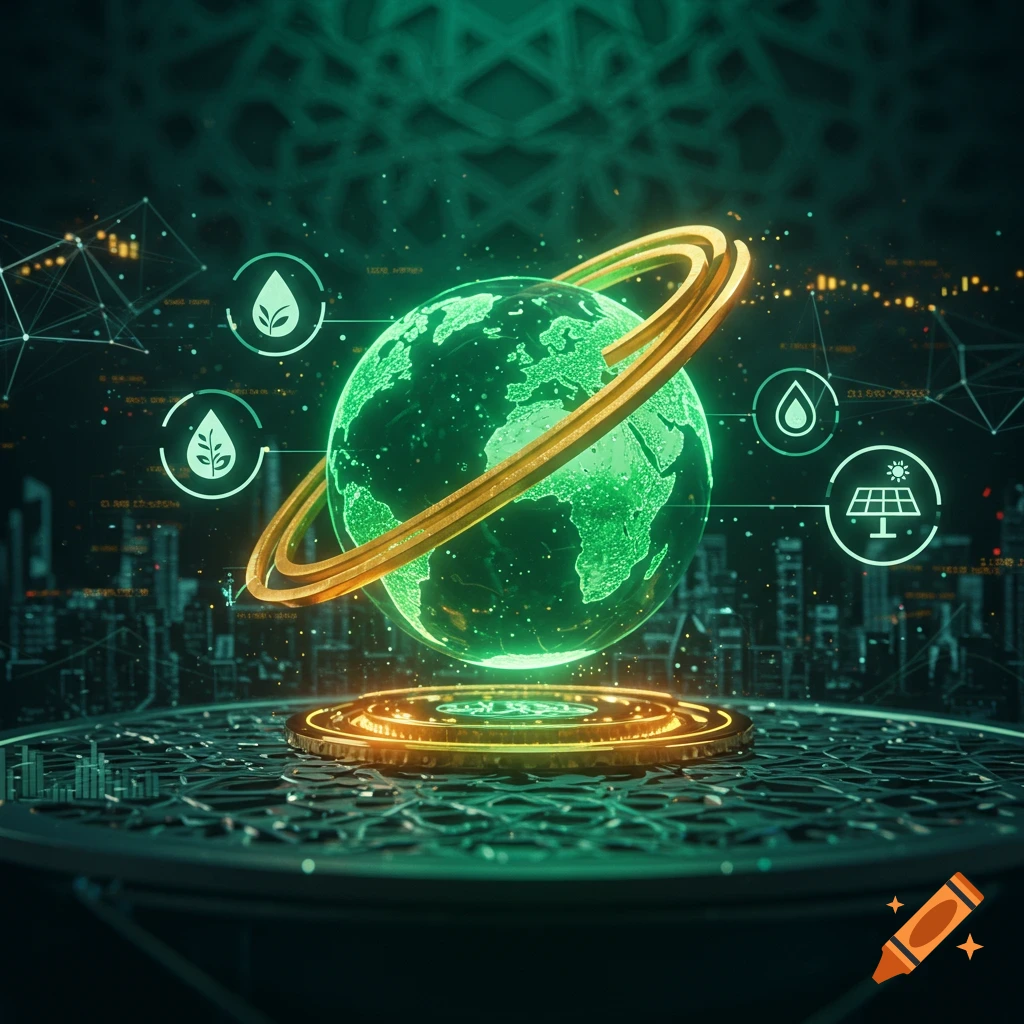 A glowing green digital globe with golden rings, surrounded by futuristic sustainability icons, data points, and a dark, abstract cityscape.