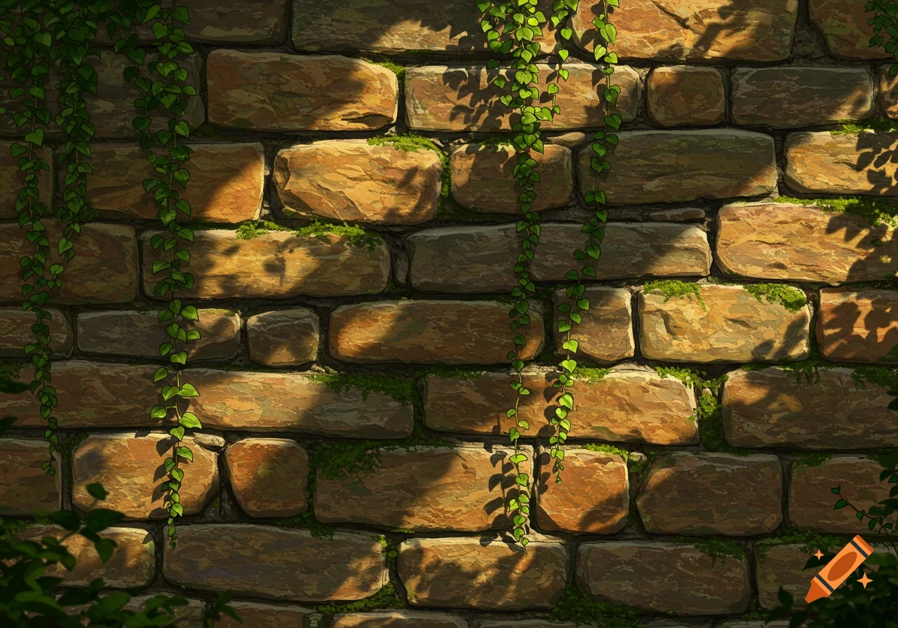 A sun-dappled stone wall covered in green ivy vines in an illustrated style.
