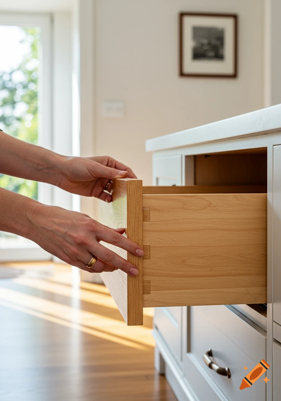 Close-up of a person's hands pushing a wooden drawer into a white kitchen cabinet in a sunlit room.