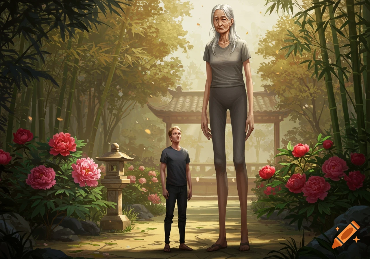 A very tall elderly woman and a shorter man in a lush Asian garden with bamboo, pink peonies, and a pagoda.
