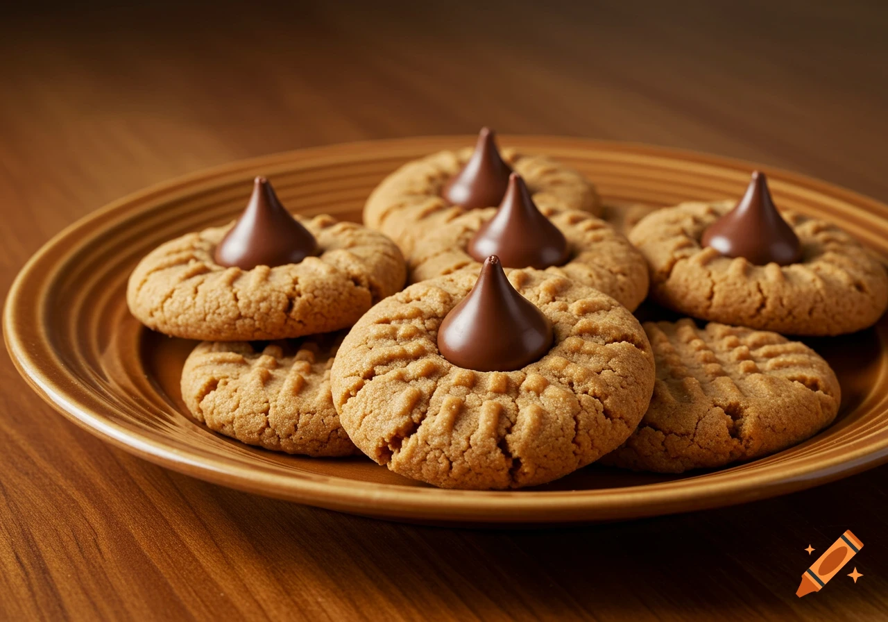 Photorealistic peanut butter cookies topped with shiny chocolate kisses on a harvest gold ceramic platter.