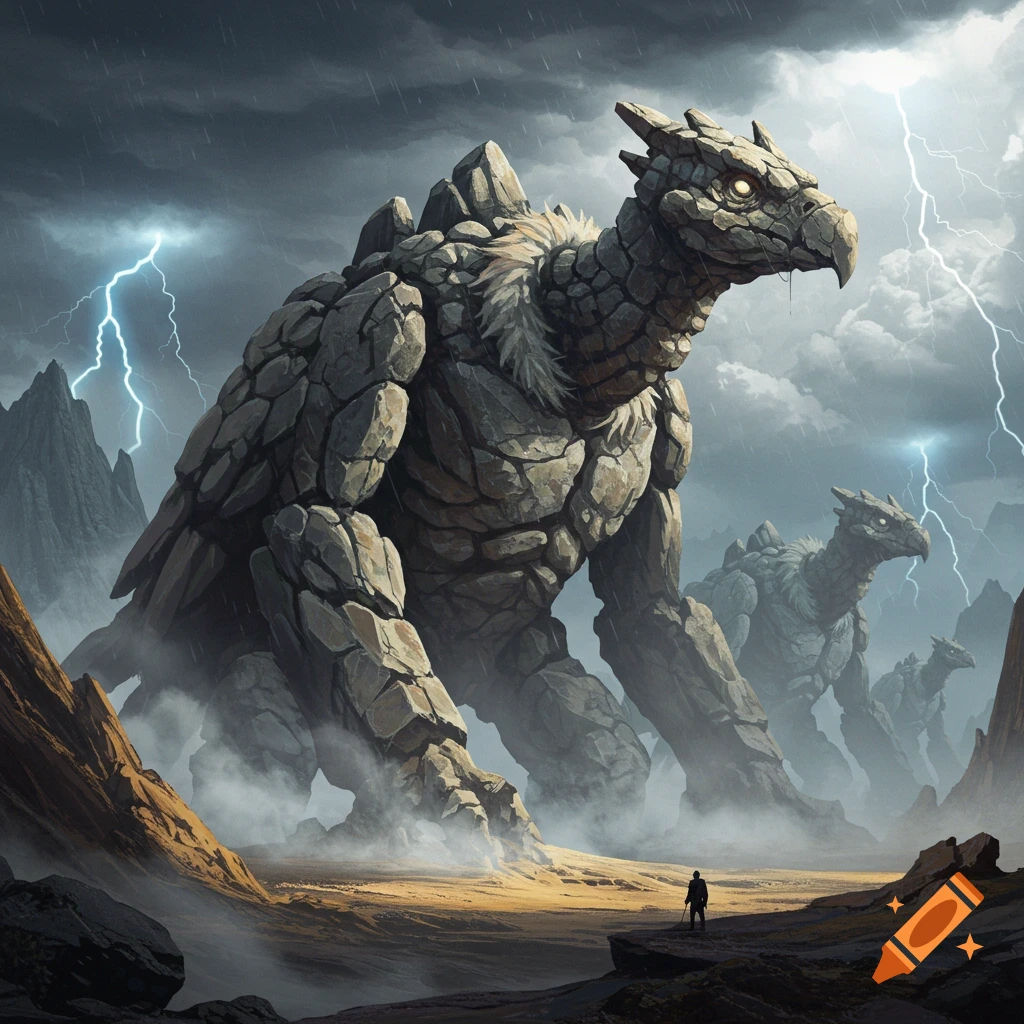 Giant rock monsters, resembling stone vultures, stand in a stormy, misty landscape with lightning striking around them, a small human figure watches.