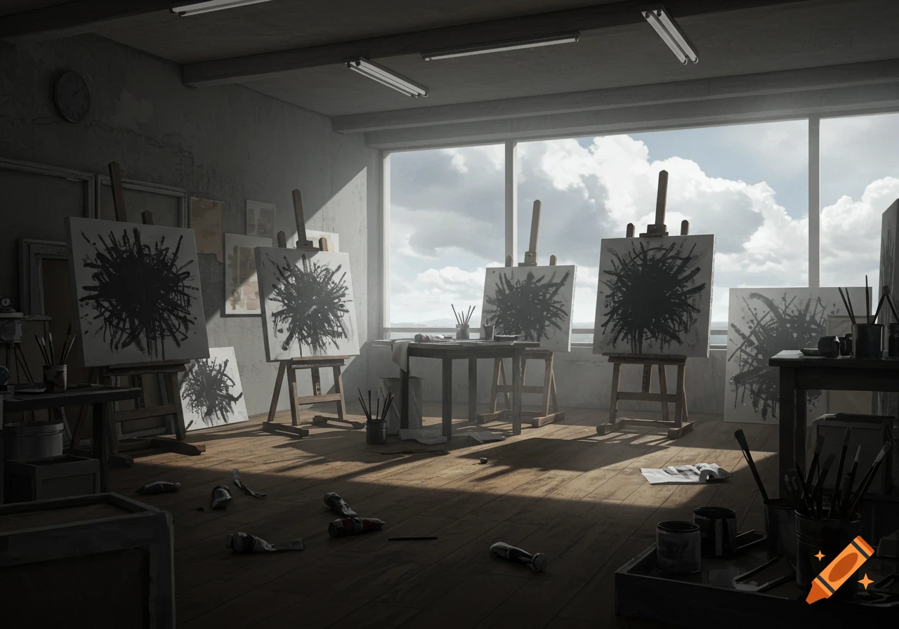 An art studio with easels holding abstract black-splotch paintings, bathed in sunlight from large windows, with art supplies scattered around.
