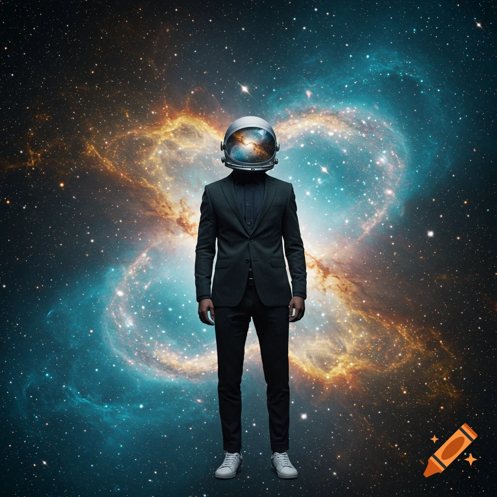 Man in a dark suit and astronaut helmet with a reflective visor, standing against a vibrant nebula and starfield background.
