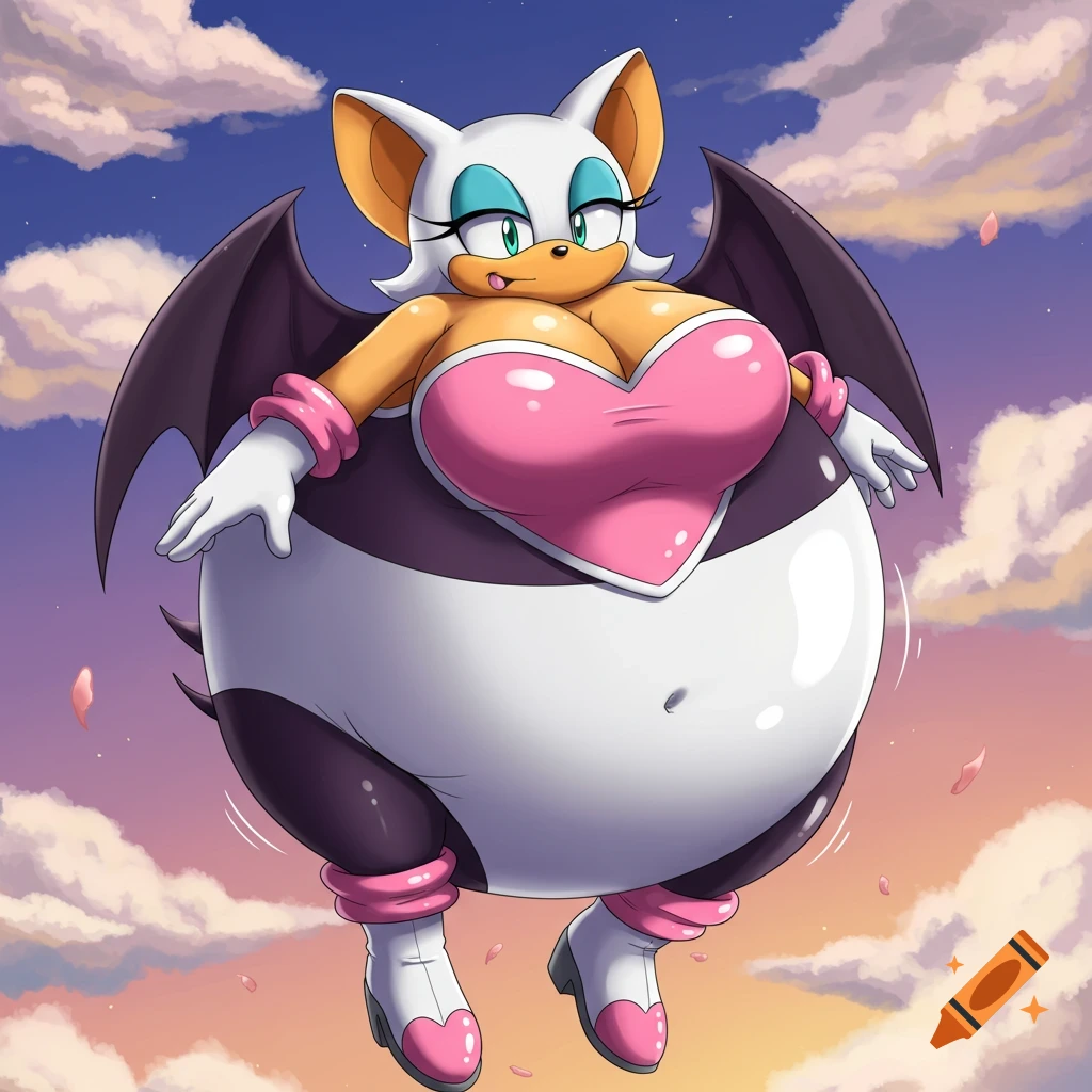Rouge the Bat with her body inflated like a balloon, floating in a cloudy sky at sunset.