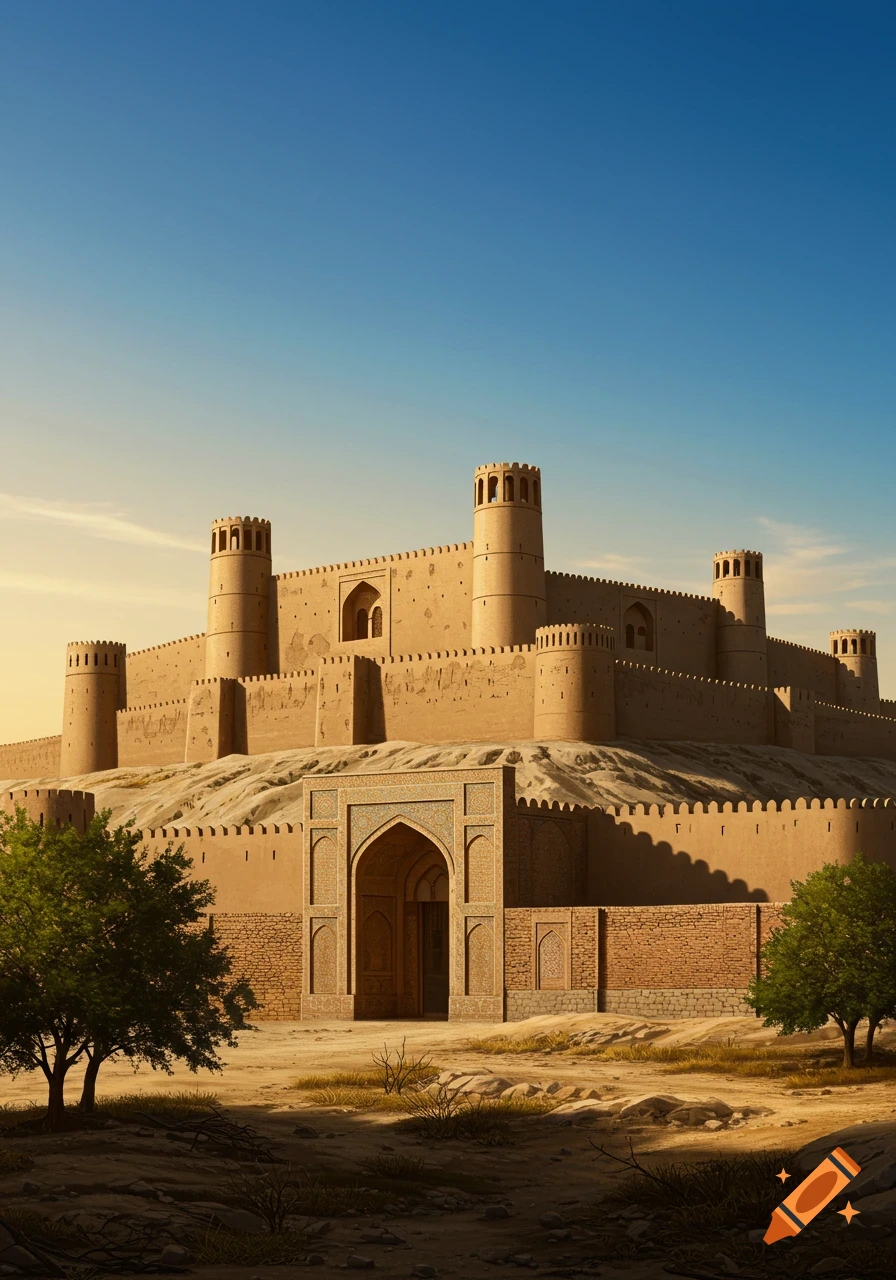 Realistic illustration of an ancient mudbrick and stone castle on a hill with defensive towers and a majestic gate, under a blue sky.