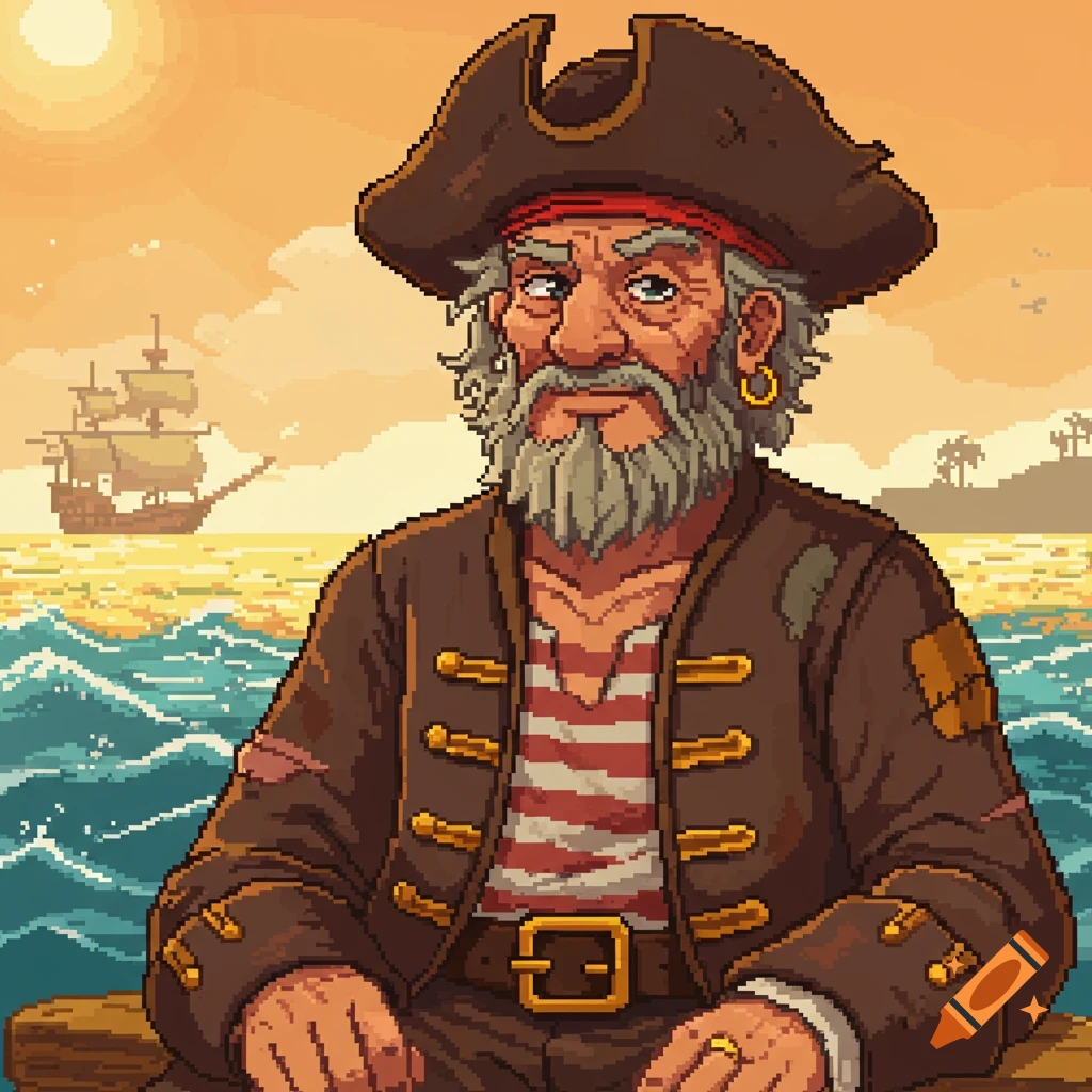 An old pirate with a beard and a tricorn hat sits by the pixelated sea, with a ship and island in the background.