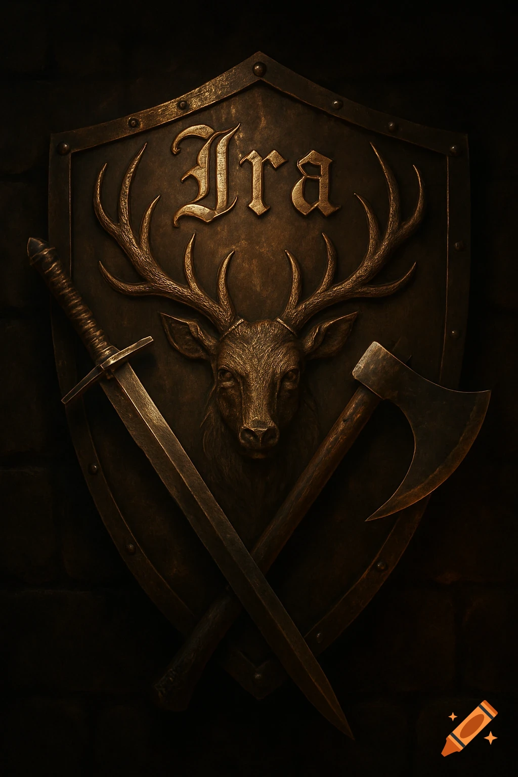 Dark, embossed medieval shield with a stag's head and 'Ira' inscribed, crossed by a sword and axe.