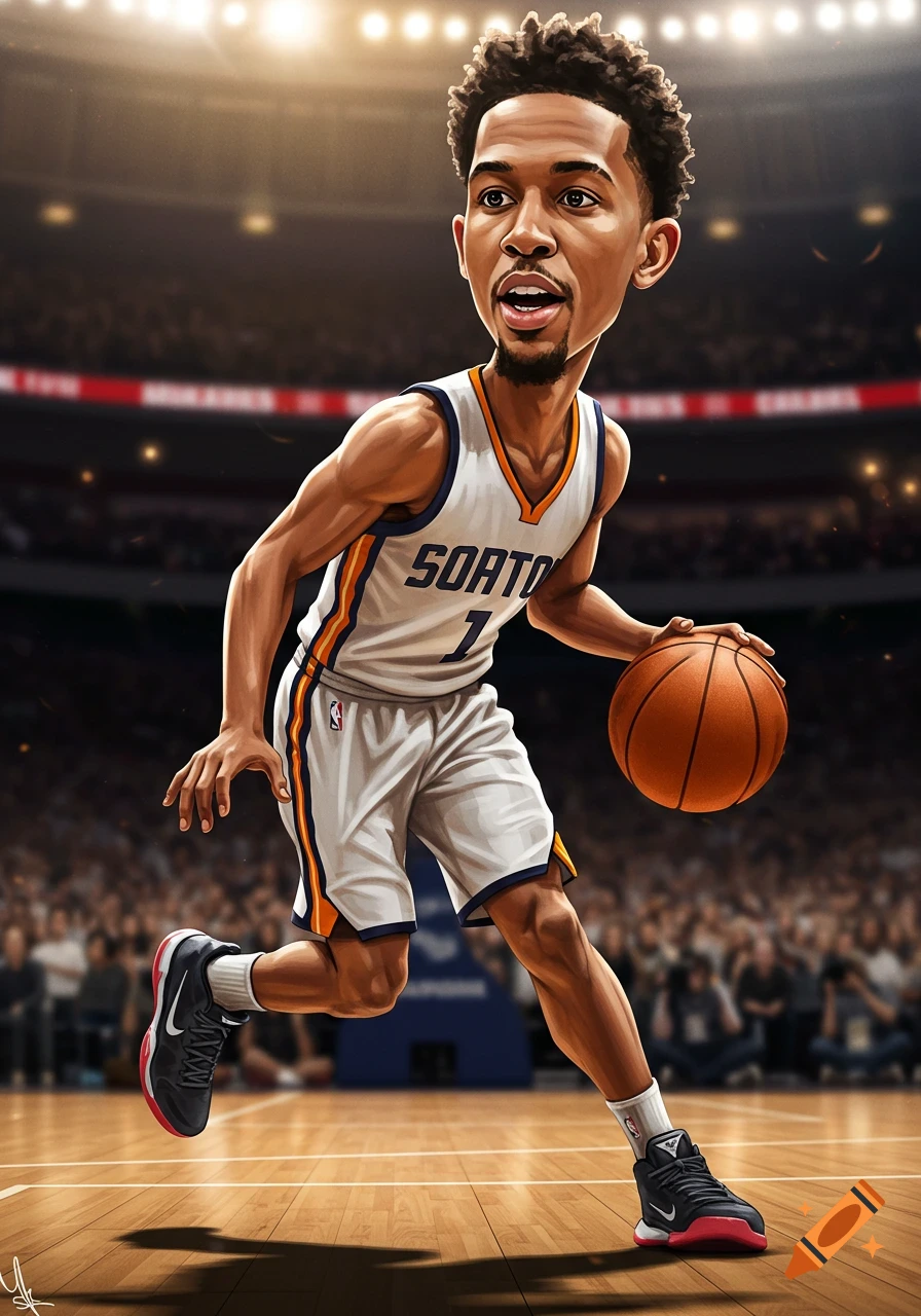 A cartoonish basketball player in a white jersey dribbles a ball on a court in a stadium, digital painting style.