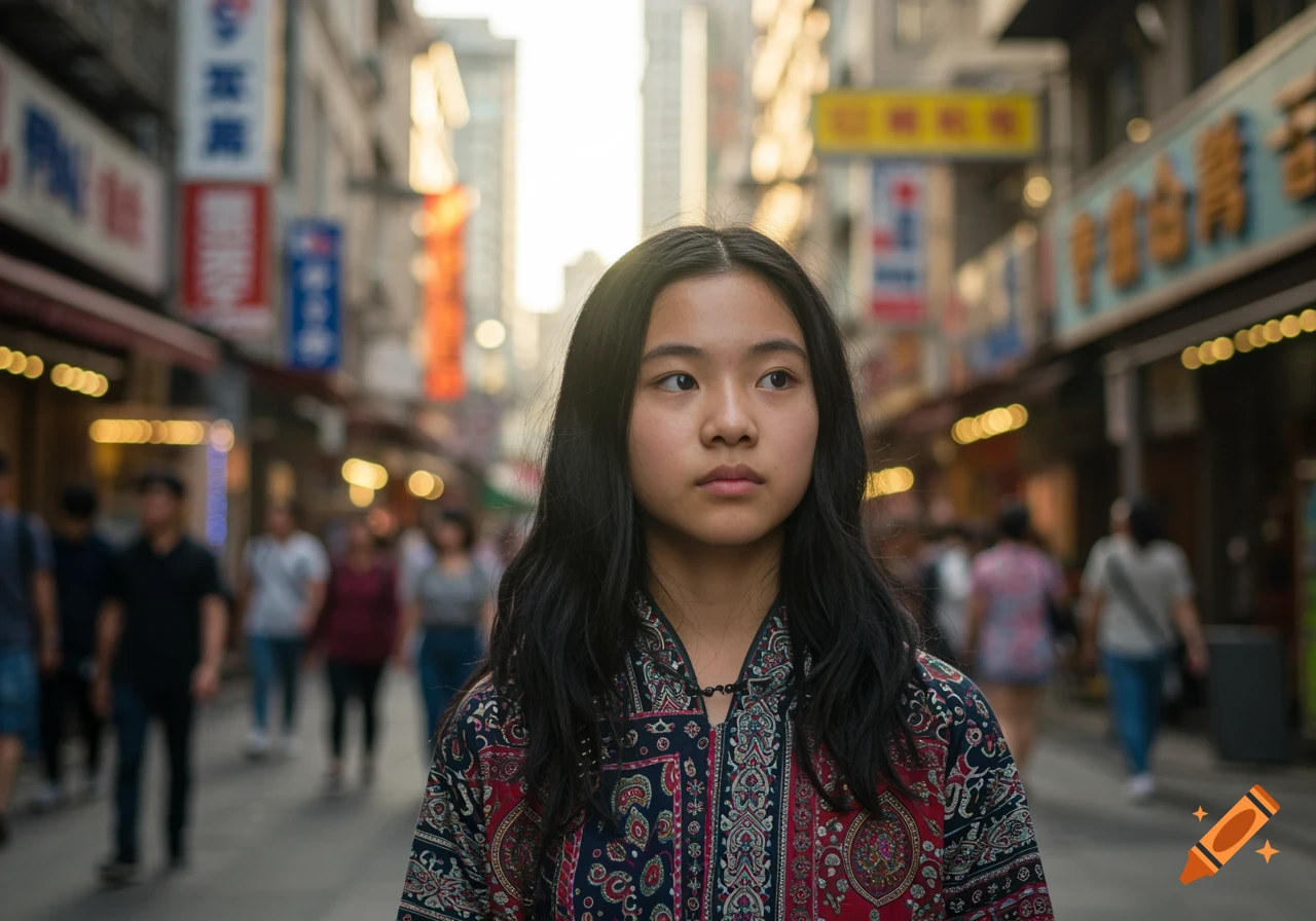 Photorealistic portrait of a young Asian girl with long dark hair, wearing a patterned shirt, looking to the side in a blurry, bustling city street.