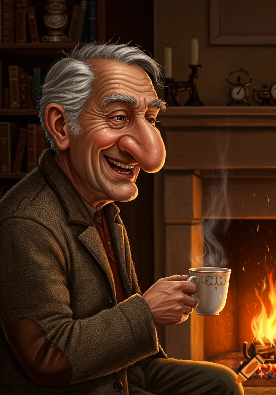 Detailed illustration of a smiling old man with a large nose, holding a steaming cup by a warm fireplace in a cozy room.