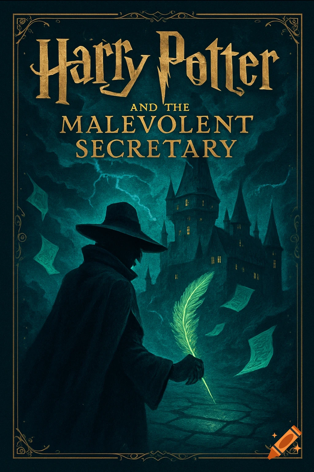 Dark fantasy illustration of a cloaked figure holding a glowing quill before a castle, with 'Harry Potter and the Malevolent Secretary' as the title.
