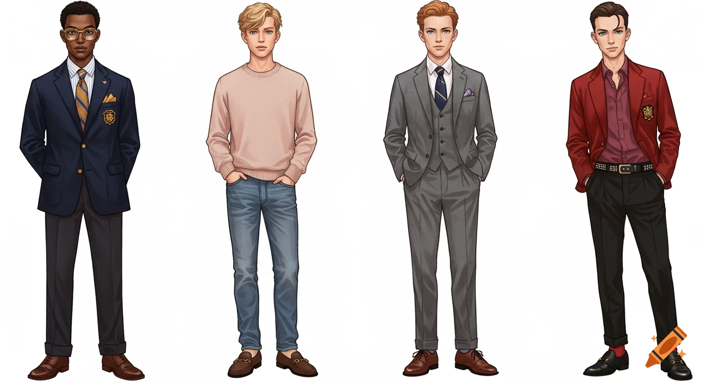 Four preppy male characters, each in a different fashionable outfit, stand in a row against a white background in an anime illustration style.