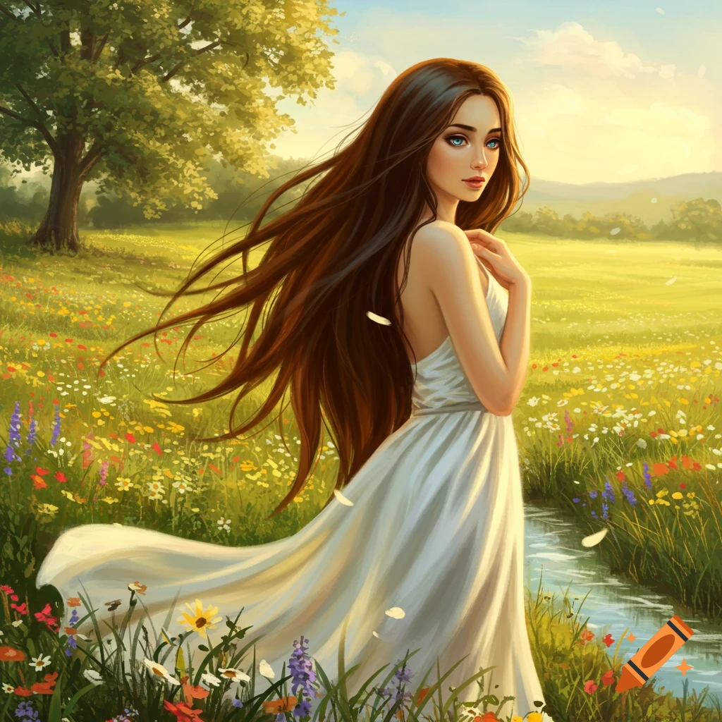 A beautiful woman with long brown hair in a white dress stands in a vibrant flower field beside a stream, under a sunny sky. Illustration.