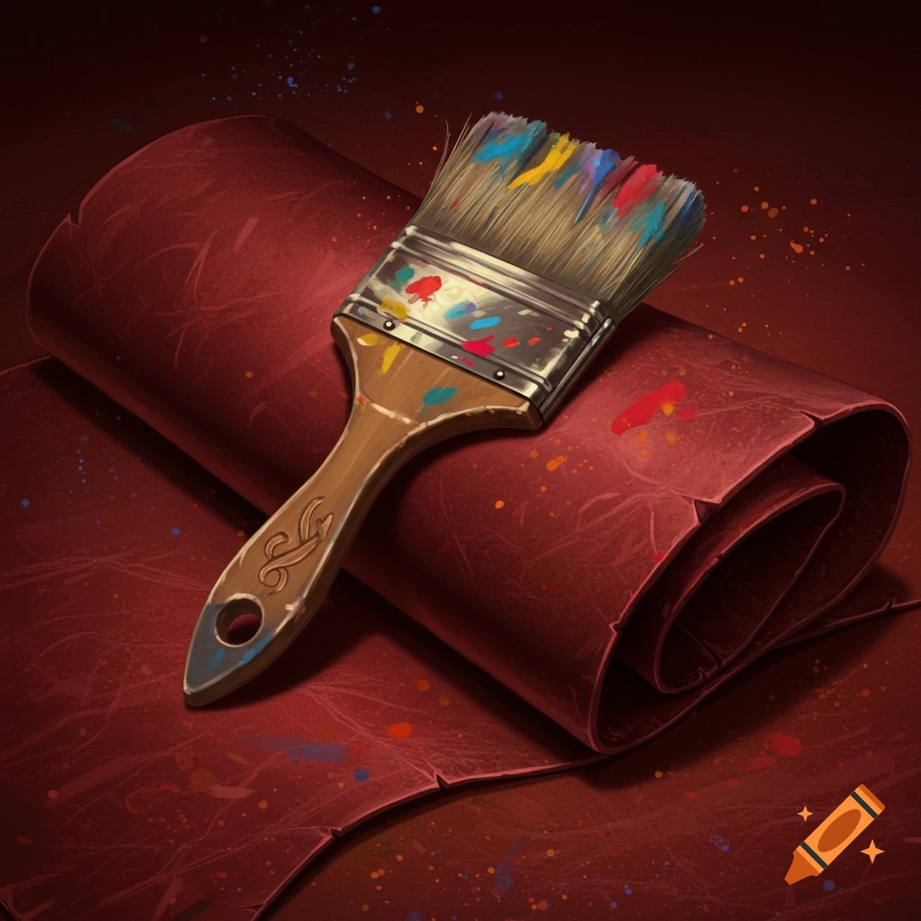 A colorful paint brush rests on a rolled-up piece of dark red leather, splattered with paint.