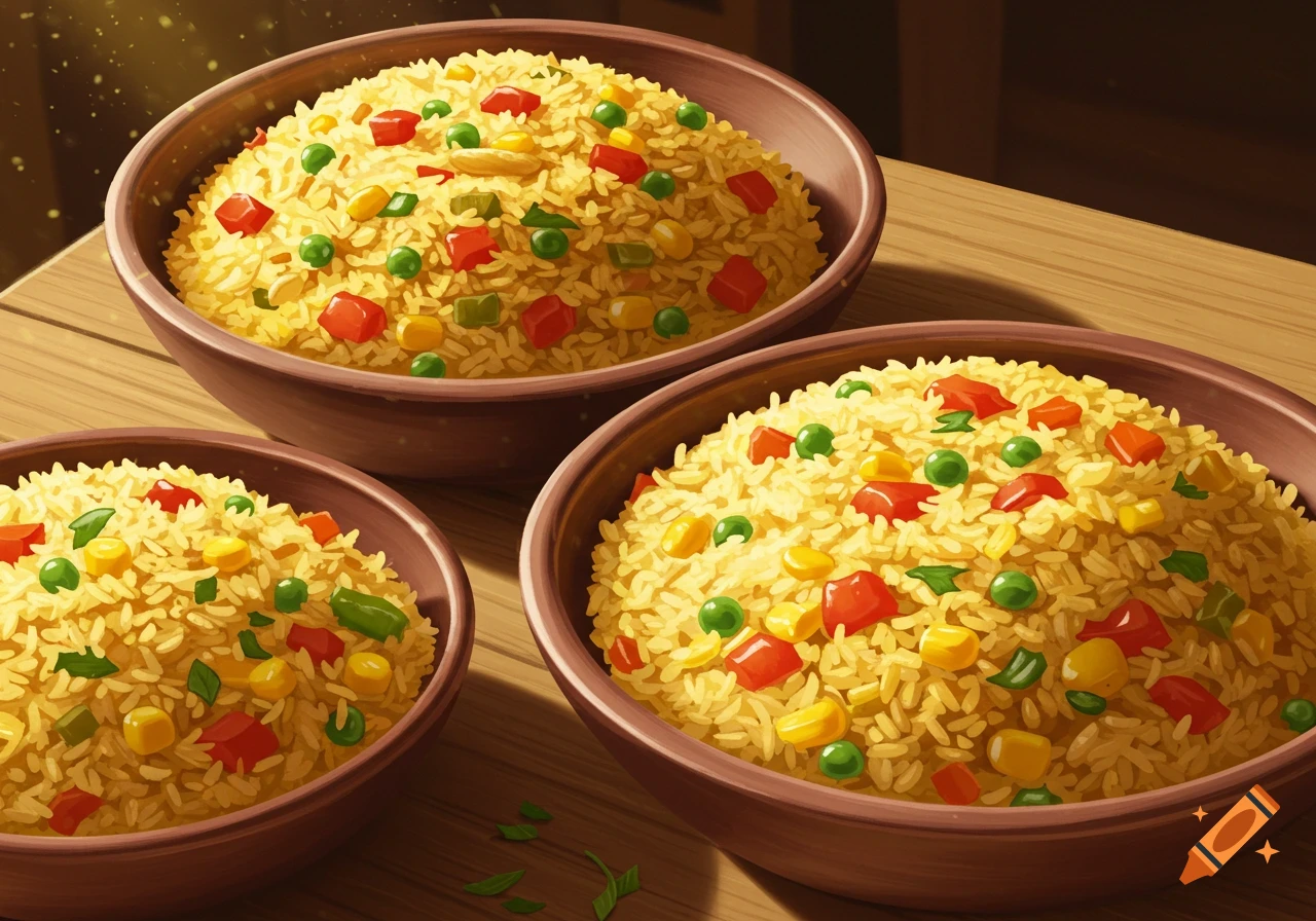 Three bowls of jollof or fried rice with colorful vegetables on a wooden table, in a digital painting style.