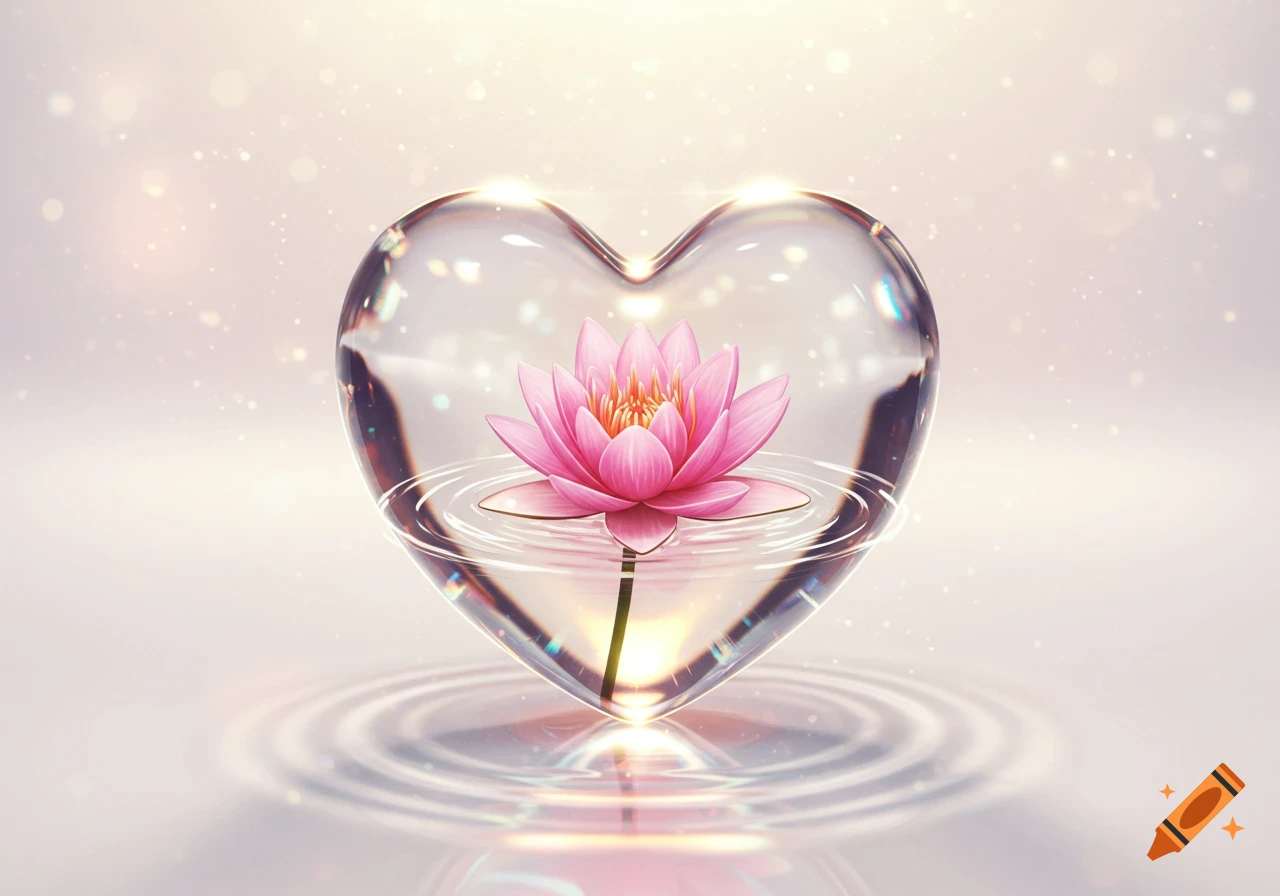 A pink lotus flower floats inside a clear, glowing heart-shaped glass on water, with subtle ripples and bokeh effects.