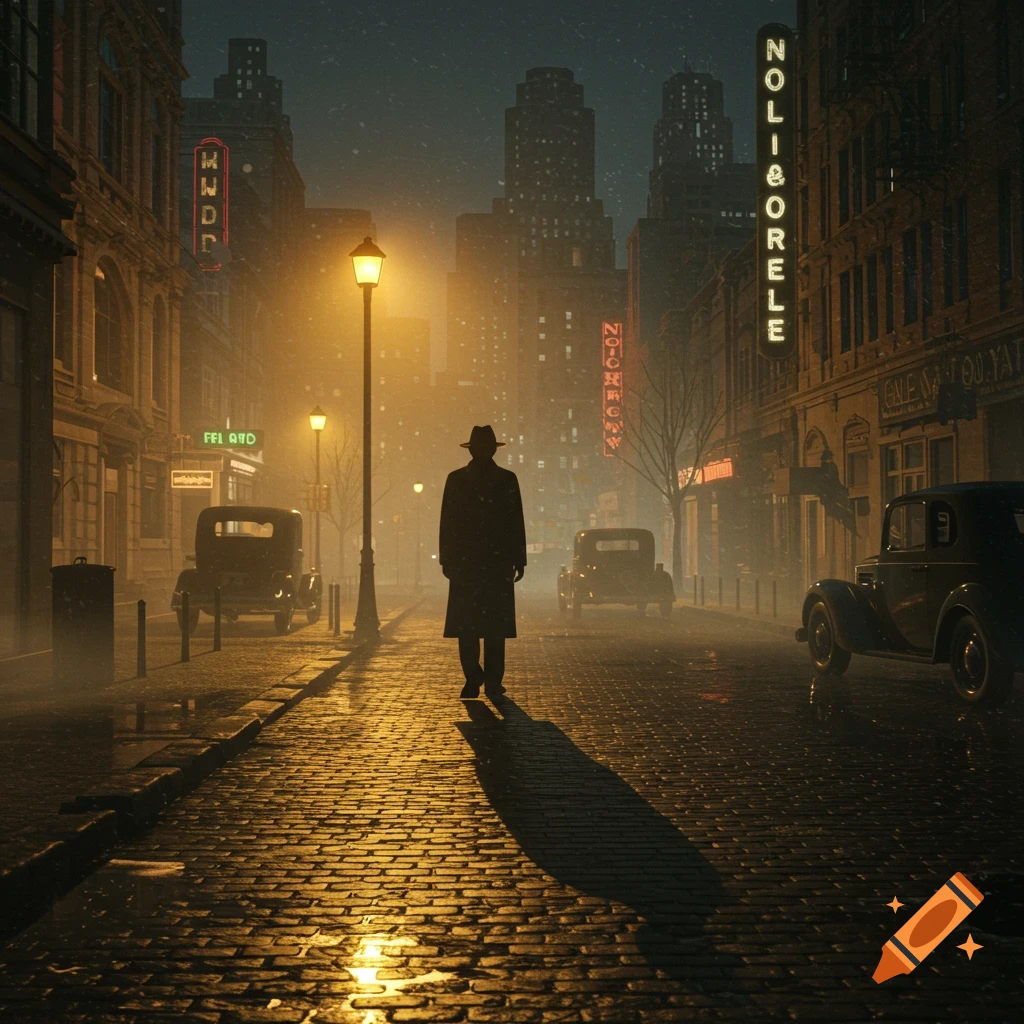 A lone figure in a trench coat and fedora walks down a foggy, wet cobblestone street at night, illuminated by a streetlamp. Vintage cars and neon signs line the street in a film noir style.