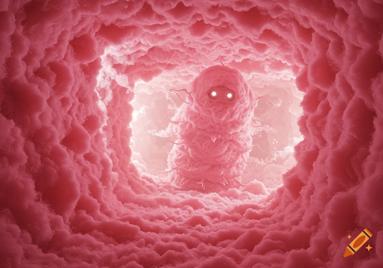 A glowing-eyed, pink, worm-like monster within a tunnel of fluffy pink material, resembling fiberglass insulation.
