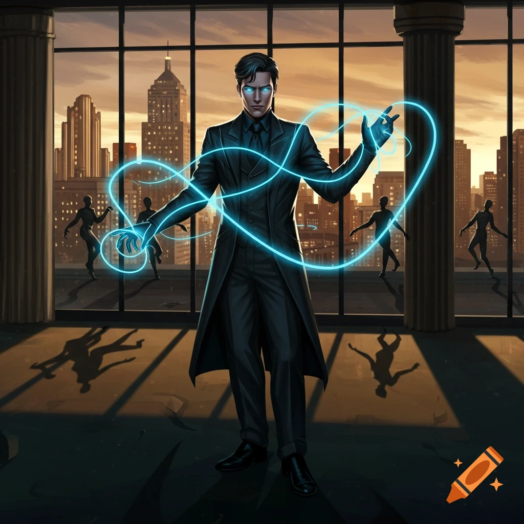 A superhero in a black suit with glowing blue energy in his hands stands in a modern office overlooking a city at sunset. Shadowy figures are in the background.