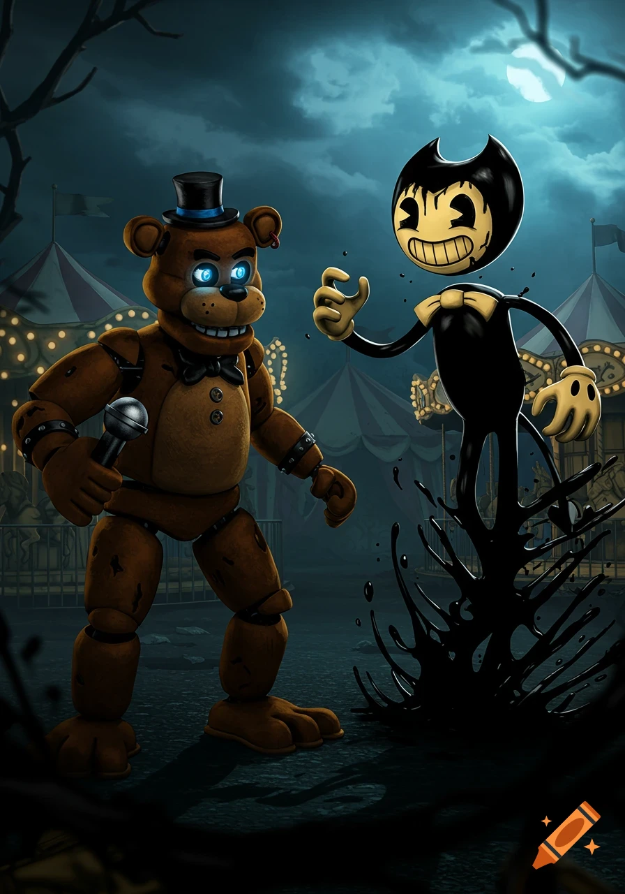 Freddy Fazbear with glowing blue eyes holds a microphone, facing Bendy rising from an inky puddle in a dark, stylized amusement park.