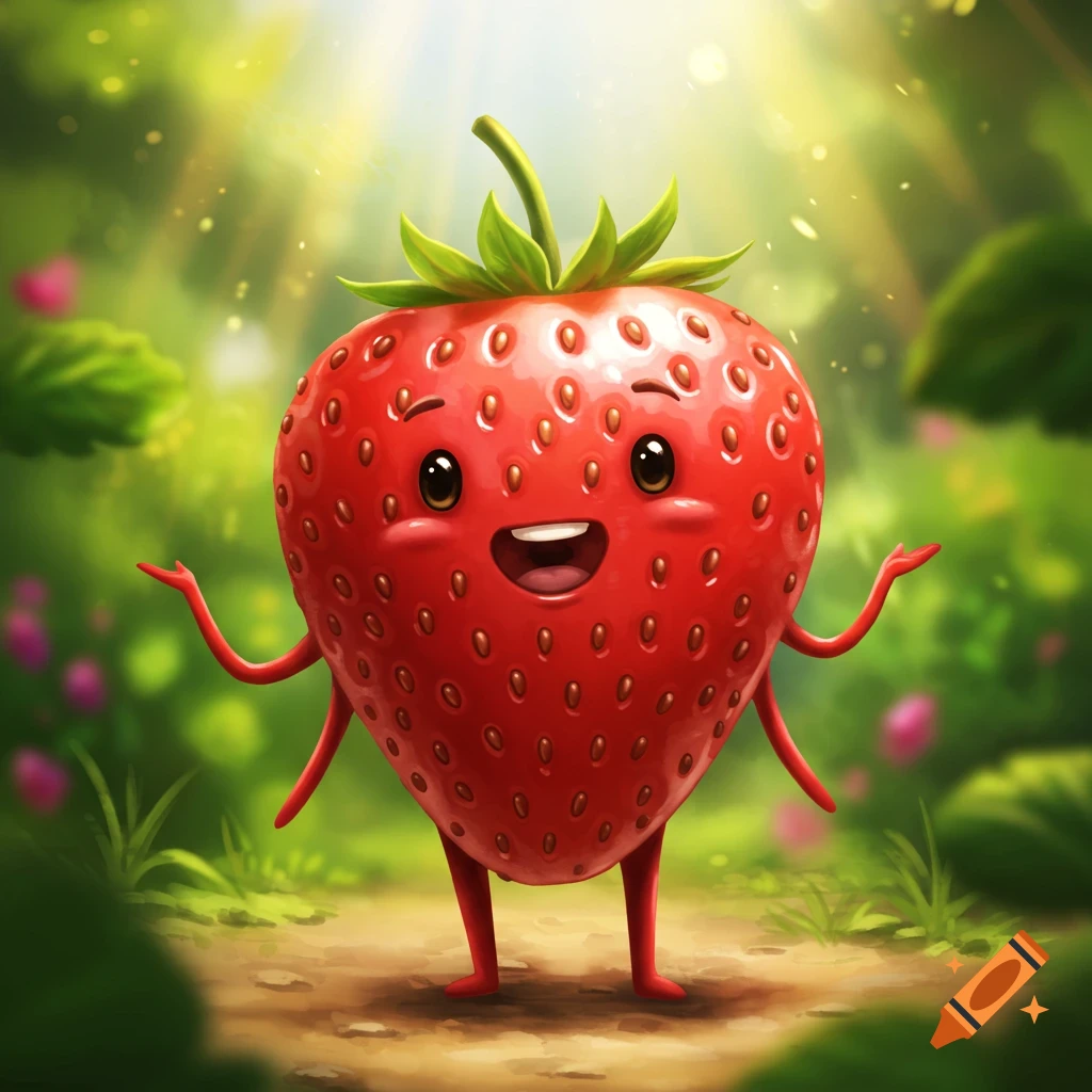 A cheerful, anthropomorphic strawberry cartoon character with arms outstretched, smiling in a sunny, green forest.