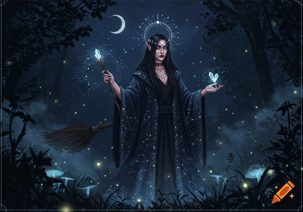 Dark-haired witch in a star-patterned cloak holds glowing crystal staff and butterfly in a moonlit magical forest with glowing mushrooms.
