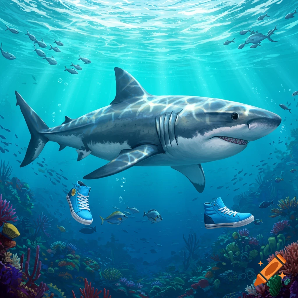 A large great white shark swims underwater near colorful coral and small fish, with two blue high-top sneakers floating beside it.