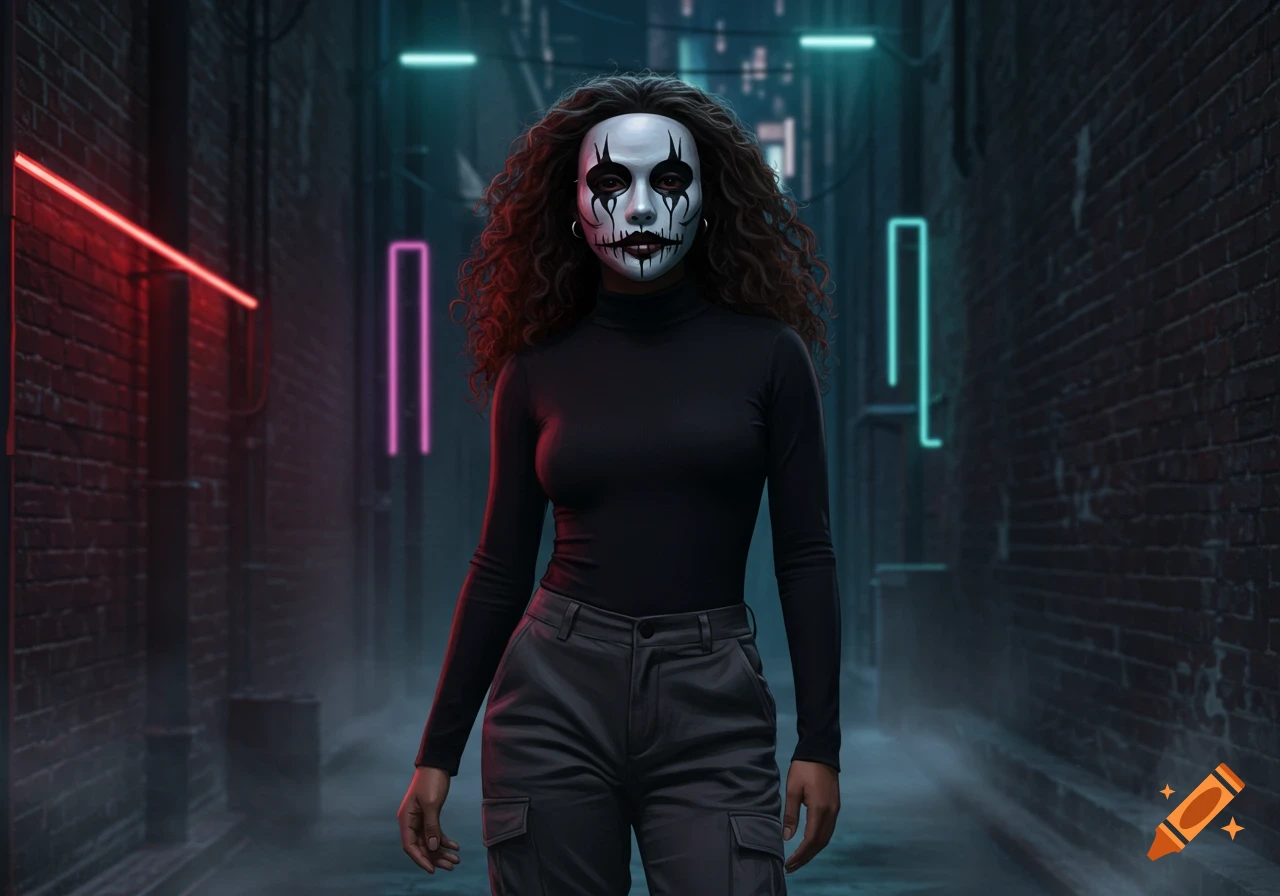 A woman in a white mask with black runny makeup stands in a dark, foggy alley lit by red, pink, and teal neon lights.