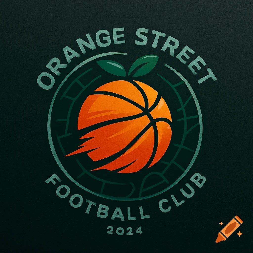 A circular logo with an orange basketball that has green leaves on top, text 'ORANGE STREET FOOTBALL CLUB 2024'.