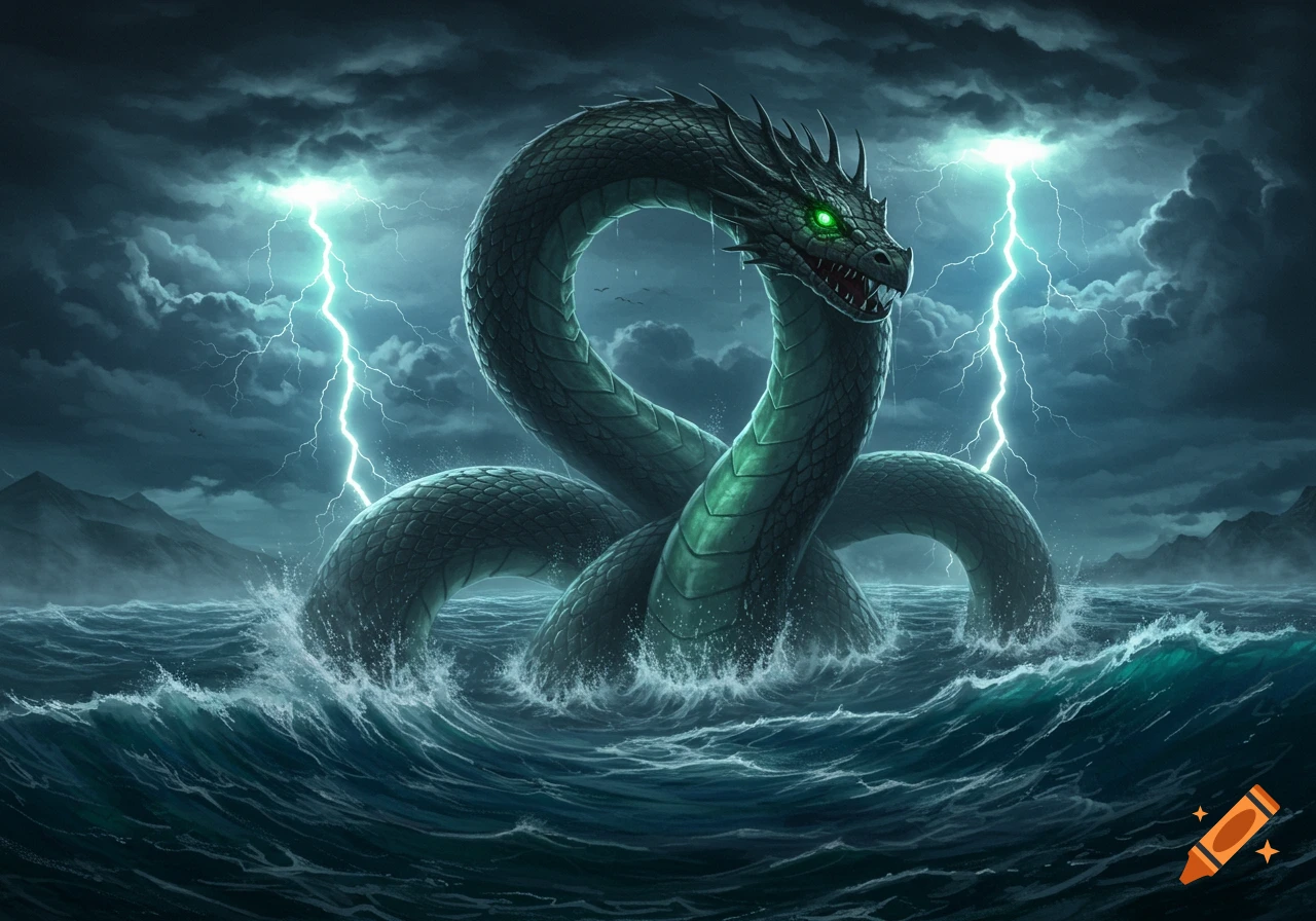 A giant green sea serpent with glowing eyes rises from a stormy ocean with lightning striking in the dark sky, digital art.