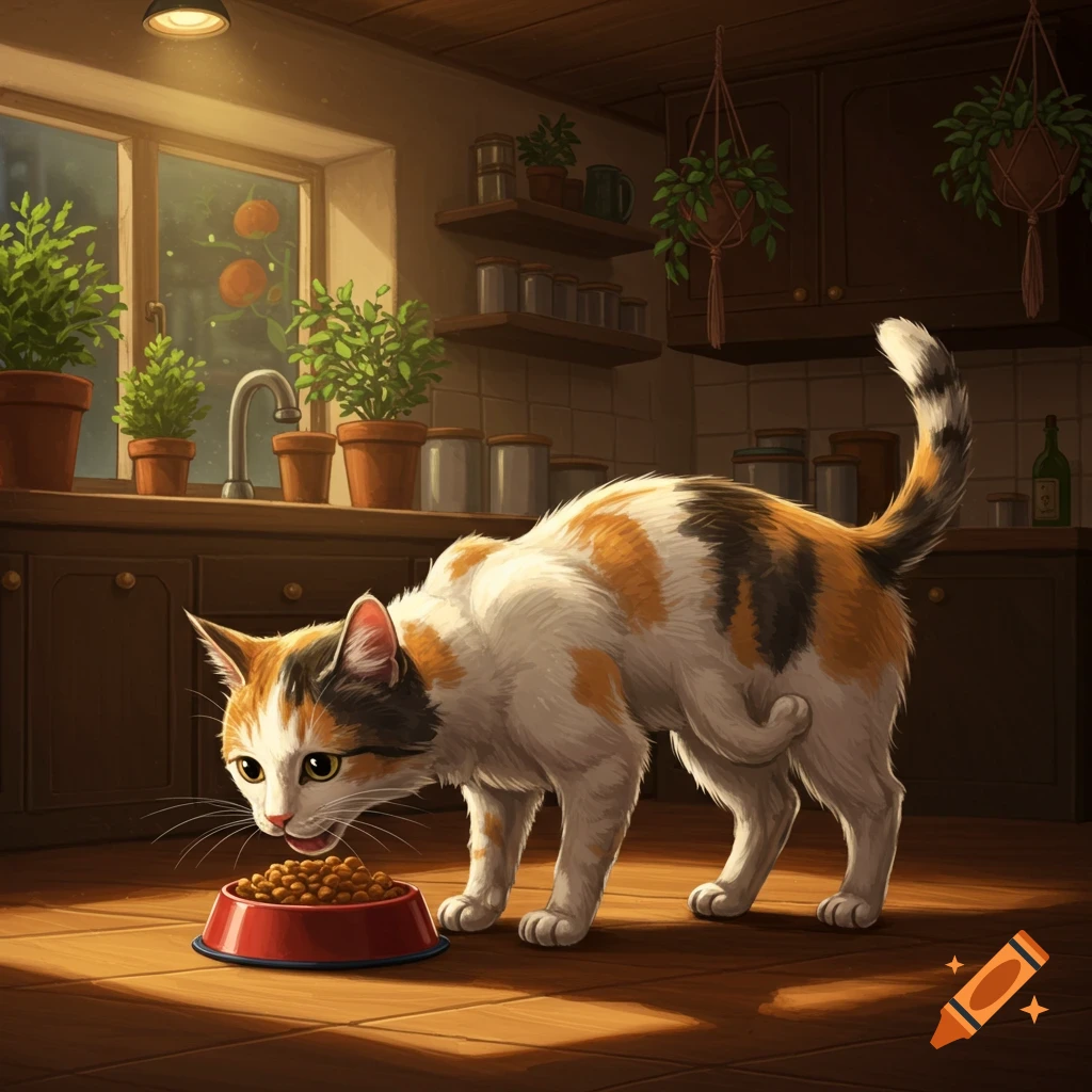 A calico cat with green eyes eats kibble from a red bowl on a wooden floor in a cozy kitchen, illuminated by warm window light.