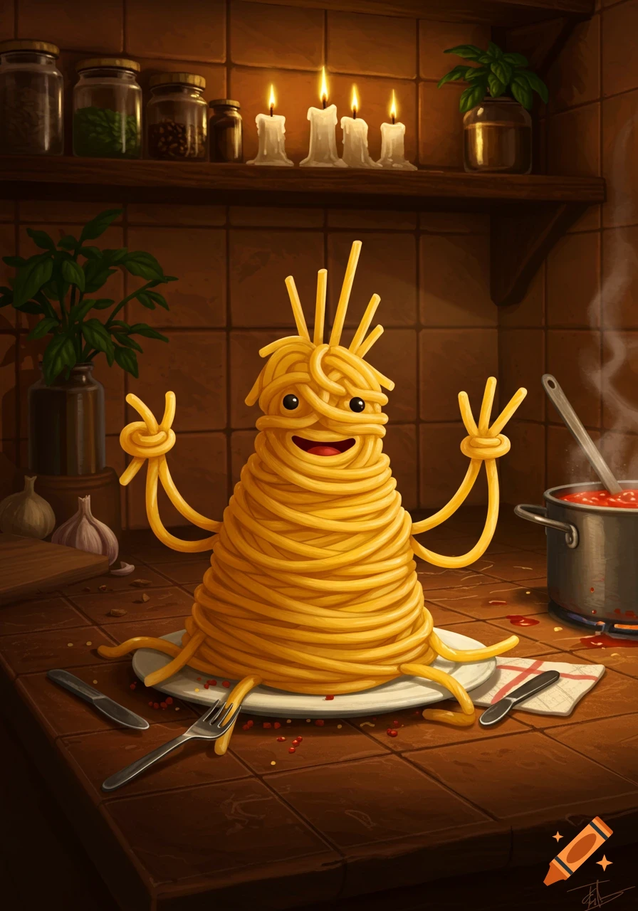 A cheerful spaghetti monster character stands on a plate in a rustic kitchen with candles and a pot of sauce.