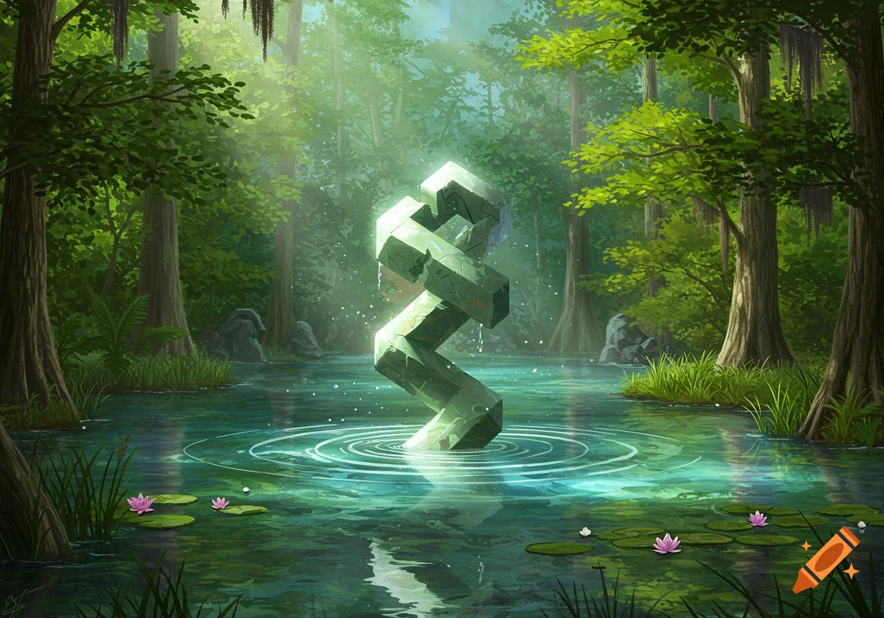 A glowing, geometric impossible object rises from a lush green swamp with lily pads, surrounded by cypress trees under dappled sunlight.