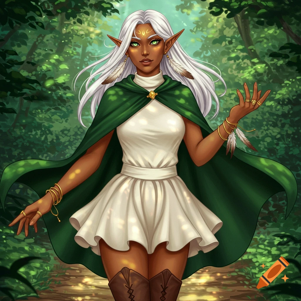 An illustrated fantasy elf woman with platinum hair and green eyes, wearing an ivory dress, green cape, and brown boots, standing in a forest.
