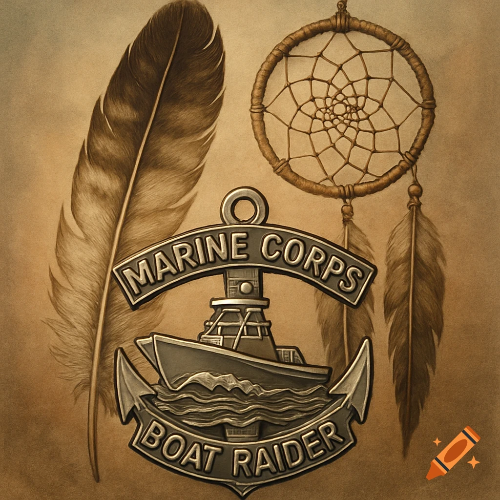 A detailed metallic Marine Corps Boat Raider badge, with a large eagle feather and a dream catcher in the background, in a sepia tone.