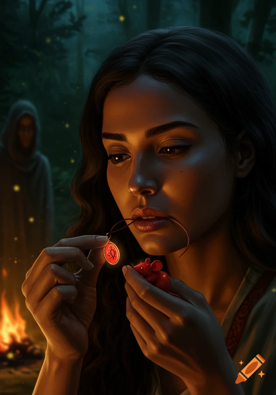 Photorealistic close-up of a dark-haired woman holding a glowing red amulet and a stylized red mouse. A cloaked figure and fire are in a dark forest background.