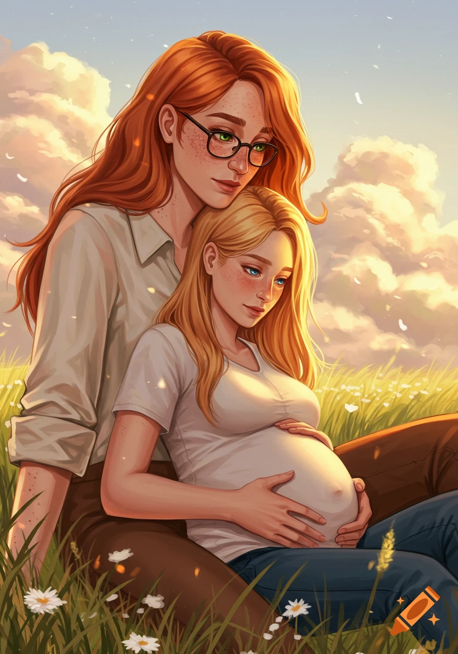 A digital illustration of a red-haired woman with glasses embracing her pregnant blonde girlfriend, who cradles her belly, in a sunny field.